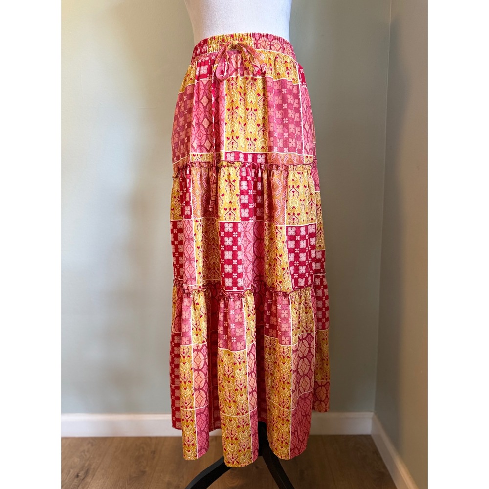 Pink Maxi Skirt Tiered Patchwork  Drawstring Waist Boho whimsi cottage fairy y2k